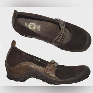 MERRELL PLAZA MJ SZ 8 M BROWN SUEDE LEATHER MARY JANE WEDGE HEEL SLIP ON SHOE